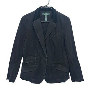 Ralph‎ Lauren LRL Cotton Blazer Velvet Collar Women's Size L Black Preppy Jacket